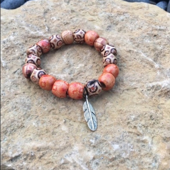 Painted Wood Boho Bracelet w/feather charm - Picture 2 of 3